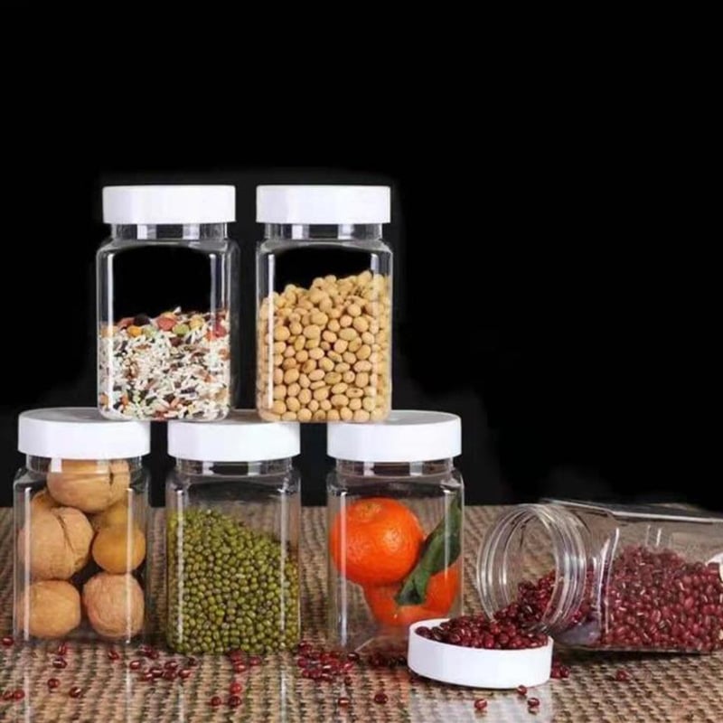 Műanyag tárolóüveg mézhez, magvakhoz, szezámpaszta és savanyúság számára, kapacitás 150-500 ml