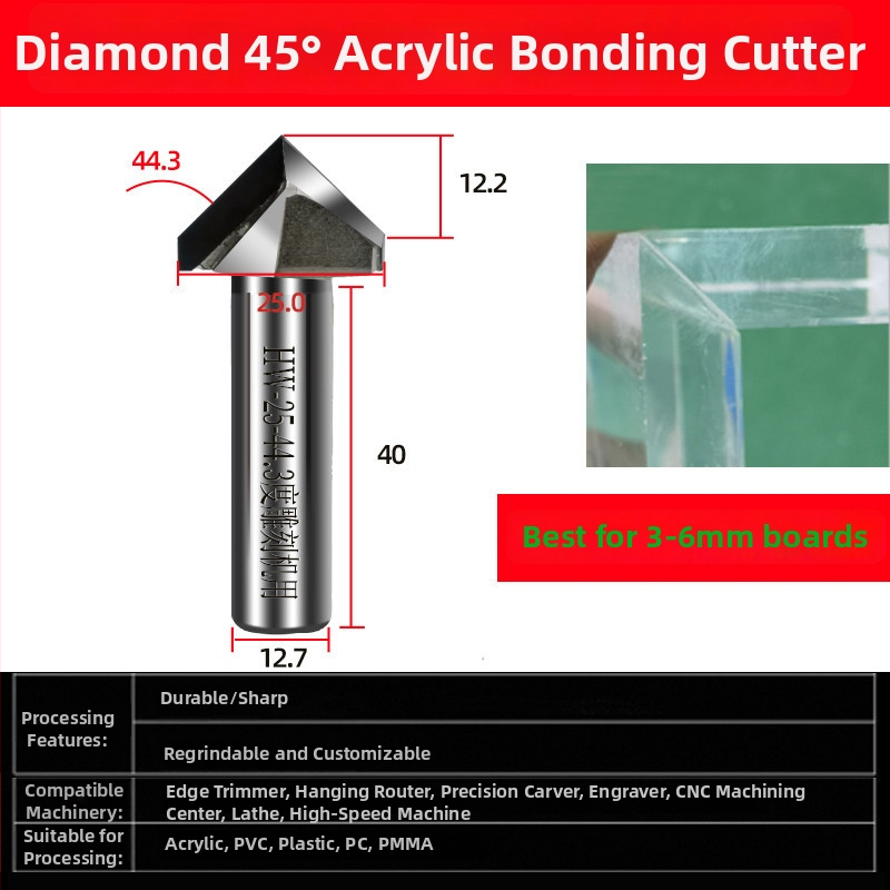 Diamantová akrylová fréza pre gravírovanie, 45° náklon a 44,6° uhol