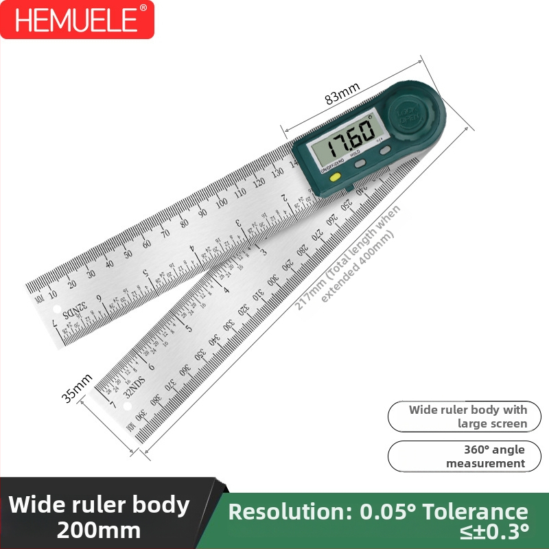 HEMUELE Digitálny uholomer z nerezovej ocele, vysokopresný elektronický protractor, 360°, viacfunkčný priemyselný uholomer