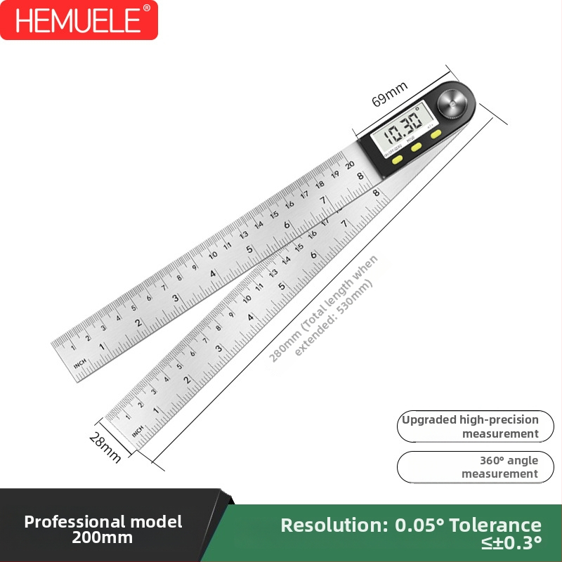 HEMUELE Digitálny uholomer z nerezovej ocele, vysokopresný elektronický protractor, 360°, viacfunkčný priemyselný uholomer