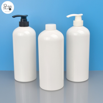 1000 ml kerek vállú pumpás palack, PET, fehér, átlátszó, samponhoz és tusfürdőhöz