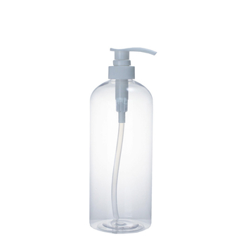1000 ml kerek vállú pumpás palack, PET, fehér, átlátszó, samponhoz és tusfürdőhöz