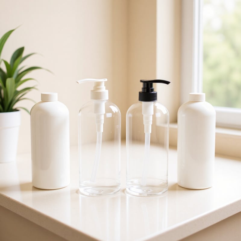 1000 ml kerek vállú pumpás palack, PET, fehér, átlátszó, samponhoz és tusfürdőhöz