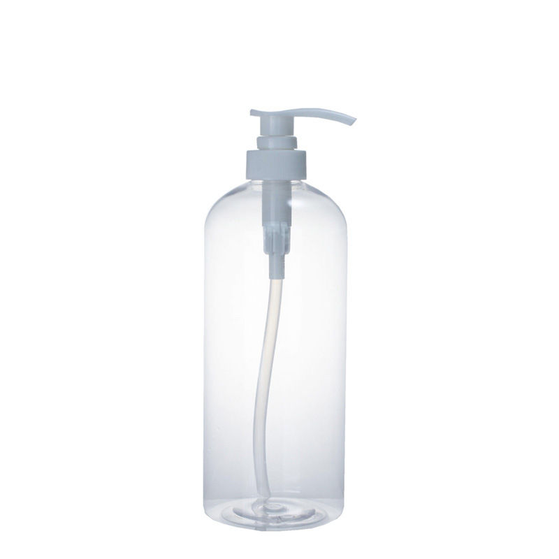 1000 ml kerek vállú pumpás palack, PET, fehér, átlátszó, samponhoz és tusfürdőhöz