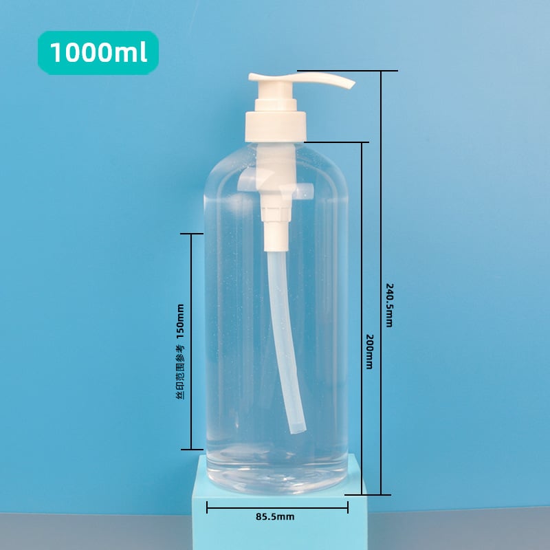 1000 ml kerek vállú pumpás palack, PET, fehér, átlátszó, samponhoz és tusfürdőhöz