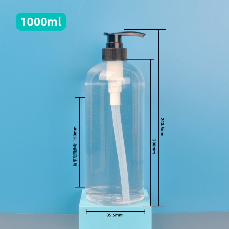 1000 ml kerek vállú pumpás palack, PET, fehér, átlátszó, samponhoz és tusfürdőhöz