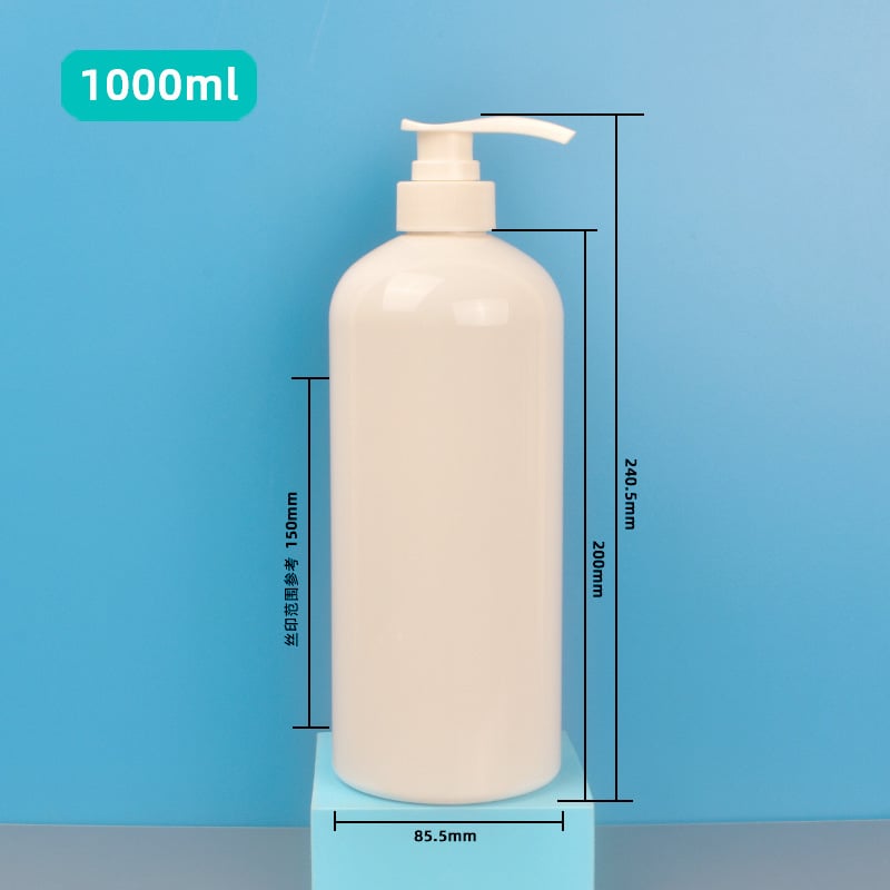1000 ml kerek vállú pumpás palack, PET, fehér, átlátszó, samponhoz és tusfürdőhöz
