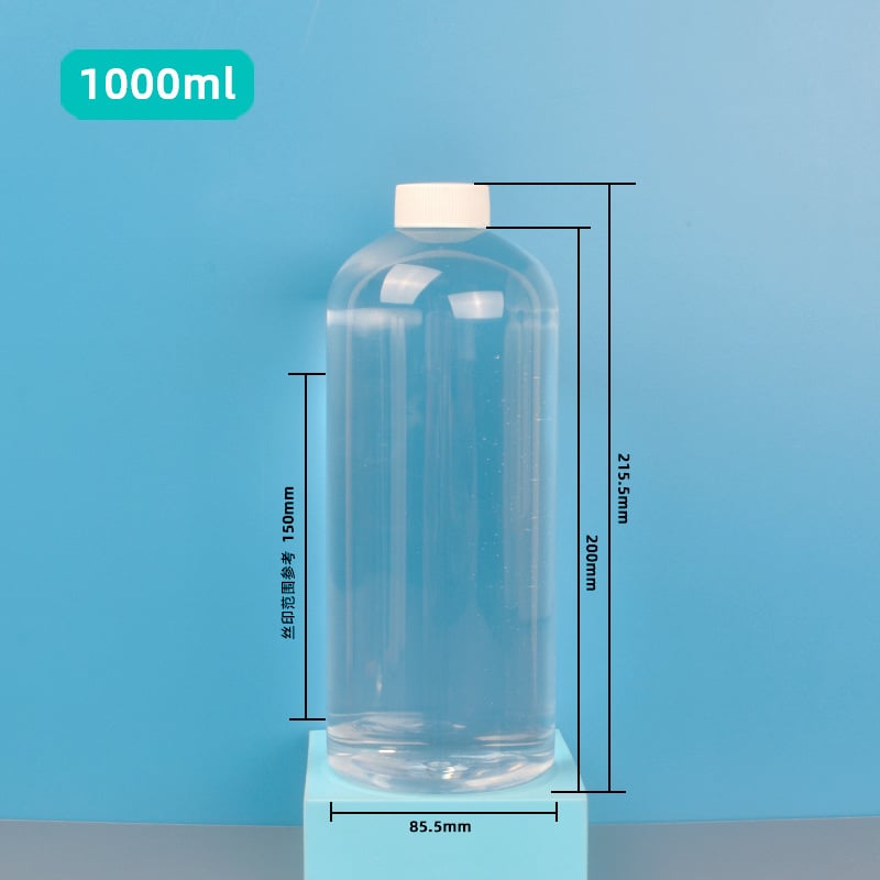 1000 ml kerek vállú pumpás palack, PET, fehér, átlátszó, samponhoz és tusfürdőhöz