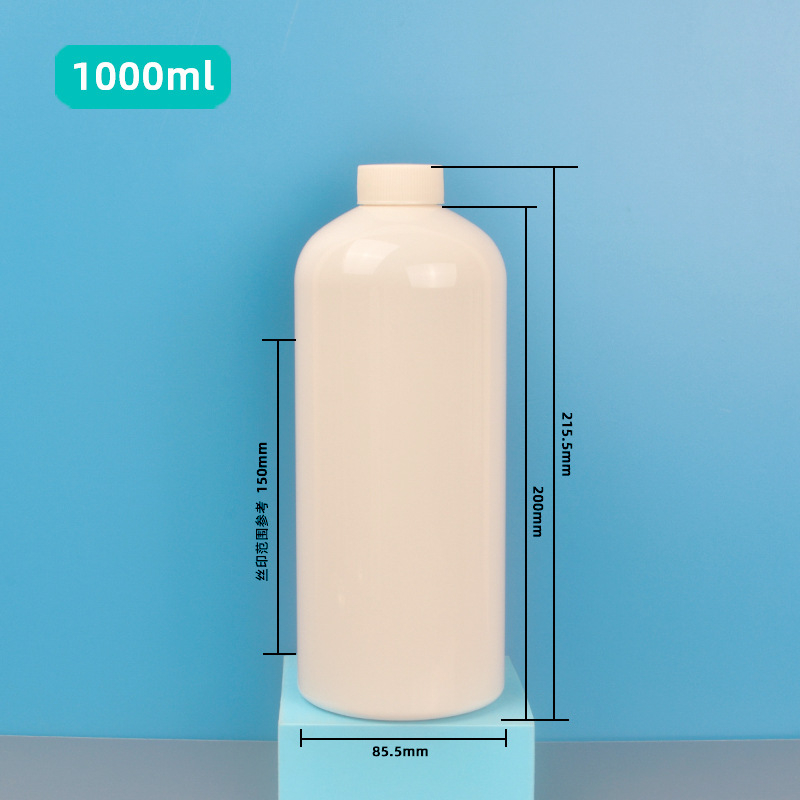 1000 ml kerek vállú pumpás palack, PET, fehér, átlátszó, samponhoz és tusfürdőhöz