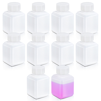 Kocka alakú műanyag palack kis nyakkal, zárható kozmetikai minta csomagolásához, HDPE, kapacitás 20–500 ml