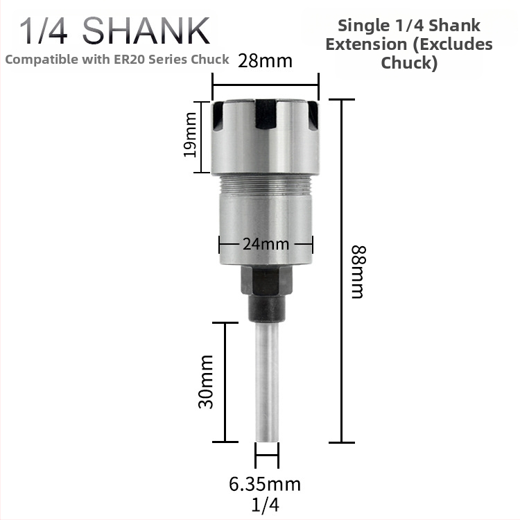 Predĺovacia tyč frézy pre ER kolík, 1/4" a 8 mm hriadeľ, 6 drážok, pre gravírovanie a spracovanie dreva