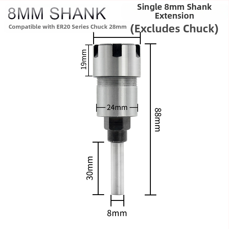 Predĺovacia tyč frézy pre ER kolík, 1/4" a 8 mm hriadeľ, 6 drážok, pre gravírovanie a spracovanie dreva