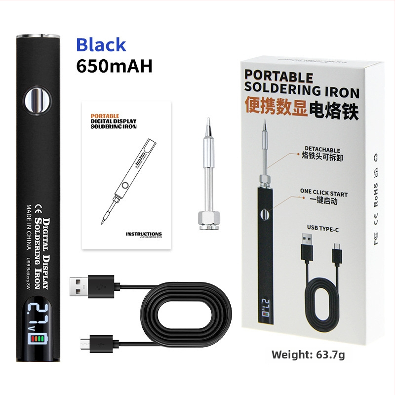 Prenosné USB spájkovacie pero s digitálnym displejom, rozhranie 510, tri nastaviteľné úrovne napätia, 650 mAh, s hrotom na spájkovanie v čiernej, bielej, oranžovej, fialovej a červenej farbe