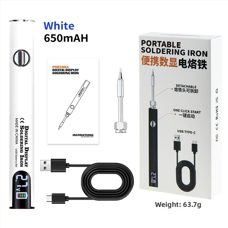 Prenosné USB spájkovacie pero s digitálnym displejom, rozhranie 510, tri nastaviteľné úrovne napätia, 650 mAh, s hrotom na spájkovanie v čiernej, bielej, oranžovej, fialovej a červenej farbe