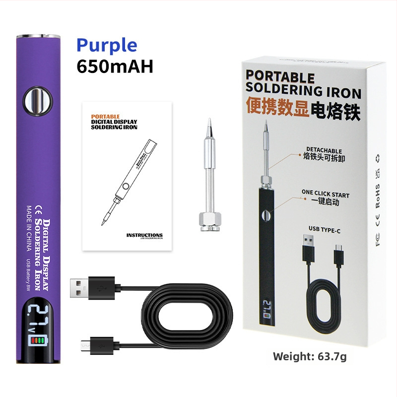 Prenosné USB spájkovacie pero s digitálnym displejom, rozhranie 510, tri nastaviteľné úrovne napätia, 650 mAh, s hrotom na spájkovanie v čiernej, bielej, oranžovej, fialovej a červenej farbe