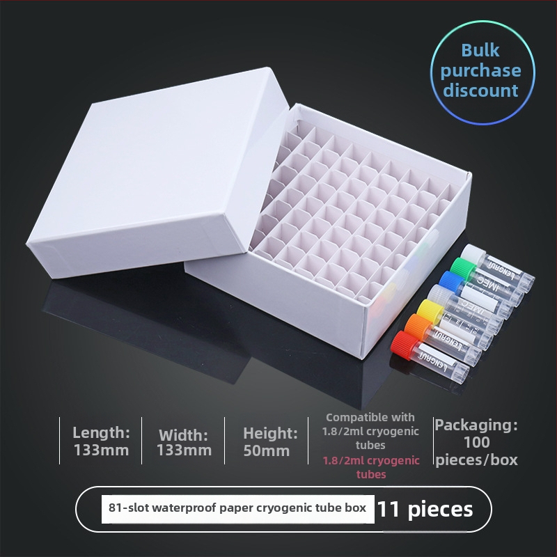 81‑pozícií papierová kriobox s vekom, vodotesná, pre centrifugové skúmavky 5 ml, 1.8 ml, 1.5 ml a 2 ml.