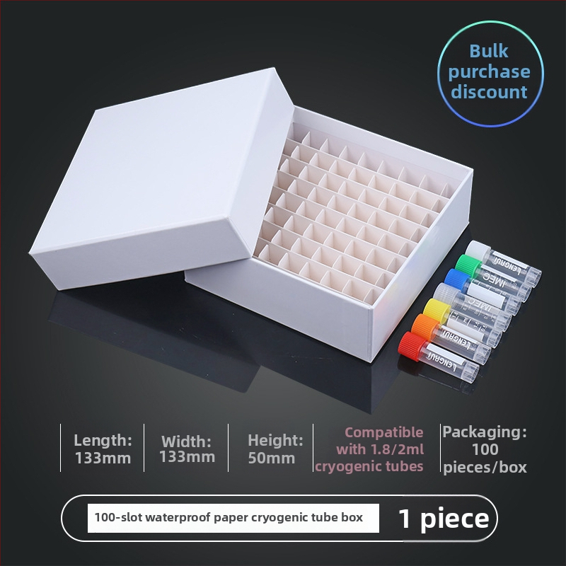 81‑pozícií papierová kriobox s vekom, vodotesná, pre centrifugové skúmavky 5 ml, 1.8 ml, 1.5 ml a 2 ml.