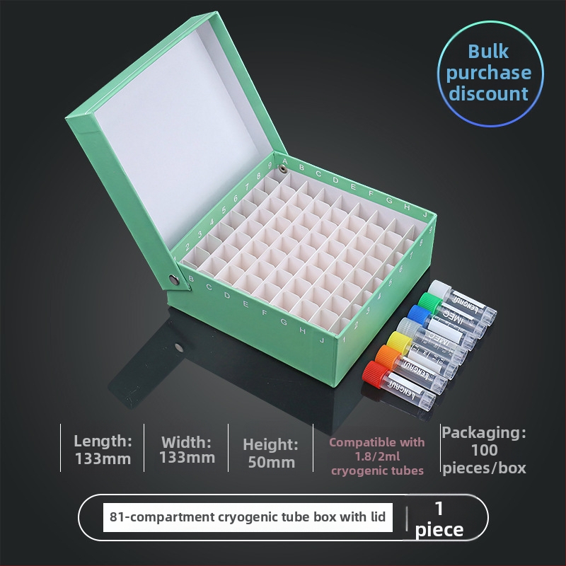 81‑pozícií papierová kriobox s vekom, vodotesná, pre centrifugové skúmavky 5 ml, 1.8 ml, 1.5 ml a 2 ml.