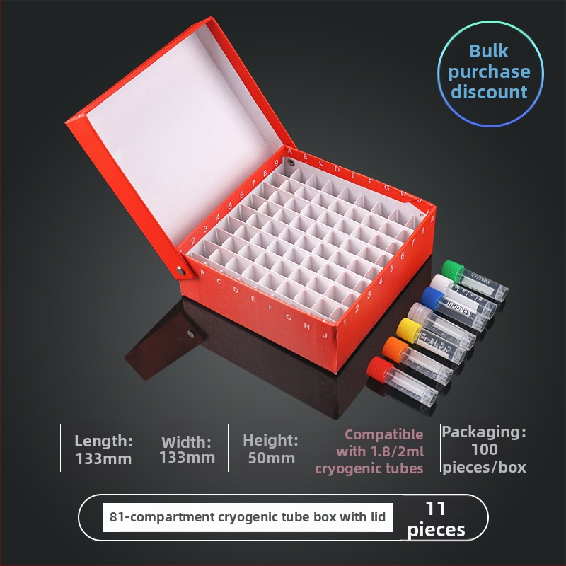 81‑pozícií papierová kriobox s vekom, vodotesná, pre centrifugové skúmavky 5 ml, 1.8 ml, 1.5 ml a 2 ml.