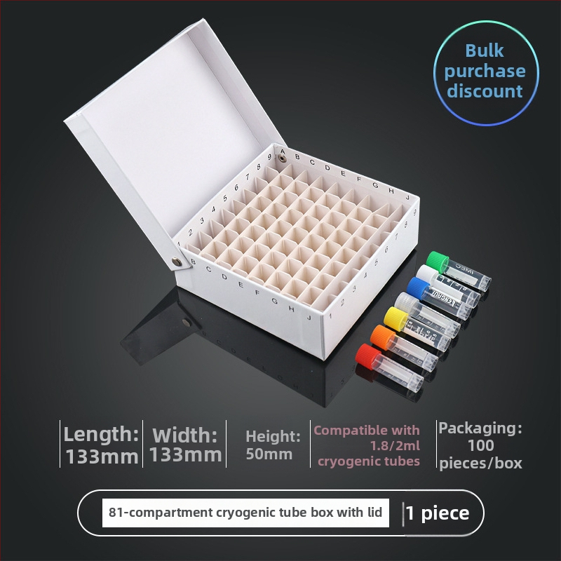81‑pozícií papierová kriobox s vekom, vodotesná, pre centrifugové skúmavky 5 ml, 1.8 ml, 1.5 ml a 2 ml.