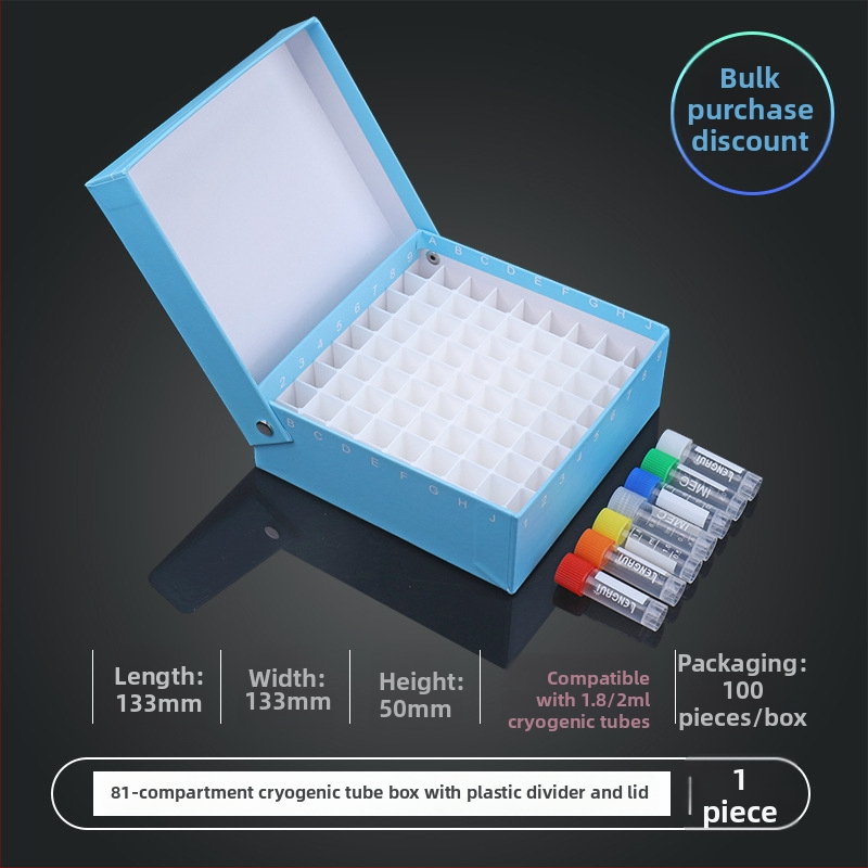 81‑pozícií papierová kriobox s vekom, vodotesná, pre centrifugové skúmavky 5 ml, 1.8 ml, 1.5 ml a 2 ml.