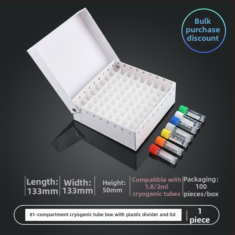 81‑pozícií papierová kriobox s vekom, vodotesná, pre centrifugové skúmavky 5 ml, 1.8 ml, 1.5 ml a 2 ml.