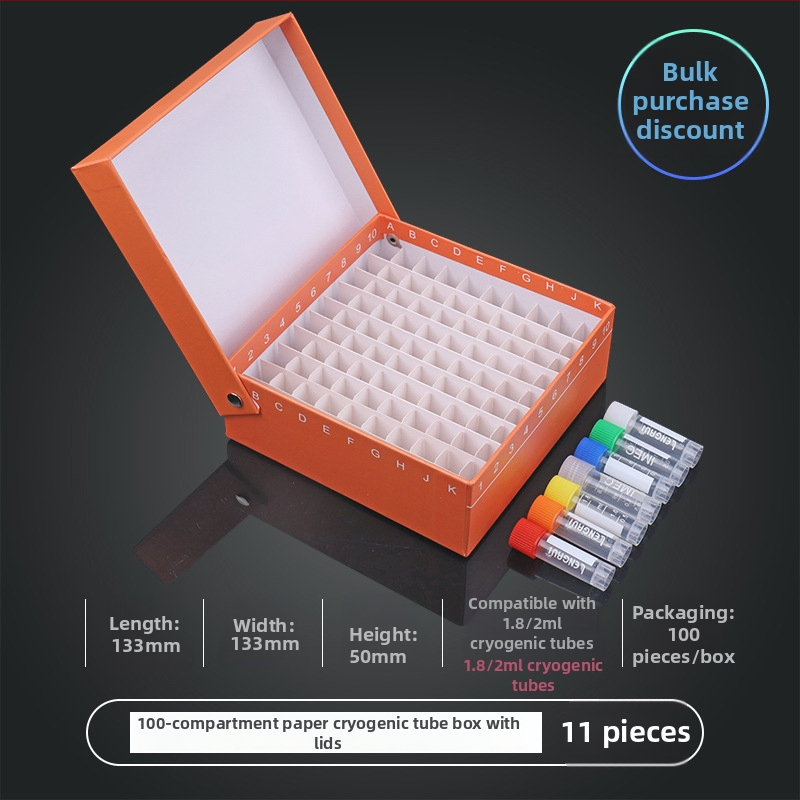 81‑pozícií papierová kriobox s vekom, vodotesná, pre centrifugové skúmavky 5 ml, 1.8 ml, 1.5 ml a 2 ml.
