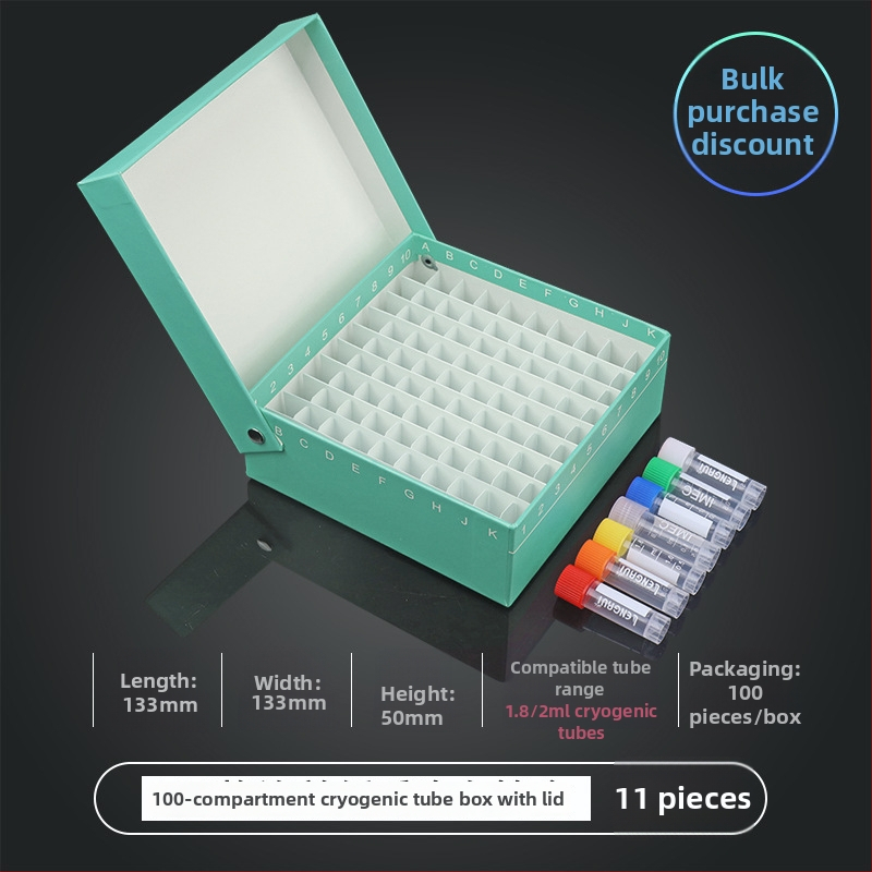 81‑pozícií papierová kriobox s vekom, vodotesná, pre centrifugové skúmavky 5 ml, 1.8 ml, 1.5 ml a 2 ml.