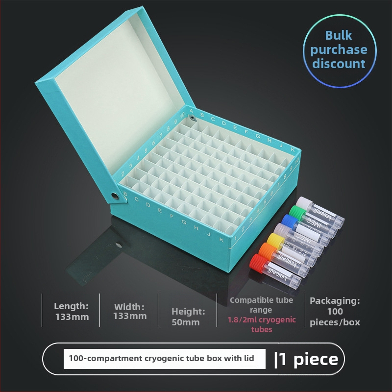 81‑pozícií papierová kriobox s vekom, vodotesná, pre centrifugové skúmavky 5 ml, 1.8 ml, 1.5 ml a 2 ml.