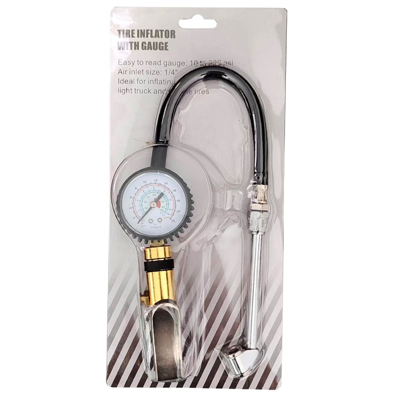 Tyčový pištol na pneumatiky pre autá a motorky, s manometrom, tlak 0-220 PSI, dĺžka 510 mm, kovová konštrukcia, nafúka a vyfúka