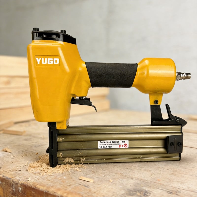 Yugong T50S1 Pneumatic Straight Nail Gun за дървообработване, здрава стоманена конструкция, 20–50 mm пирони, капацитет 100 пирона