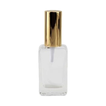30 ml pumpás sprayüveg, átlátszó üveg, négyszögletes formájú, arany kupakkal, parfümhöz és illóolajhoz