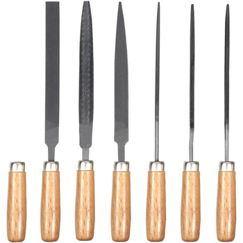 Set pilnika za drvo s drvenom drškom: trokutasti pilnik, mali polukružni pilnik i okrugli pilnik; srednji zubi, dvostruki uzorak; duljina 150 mm