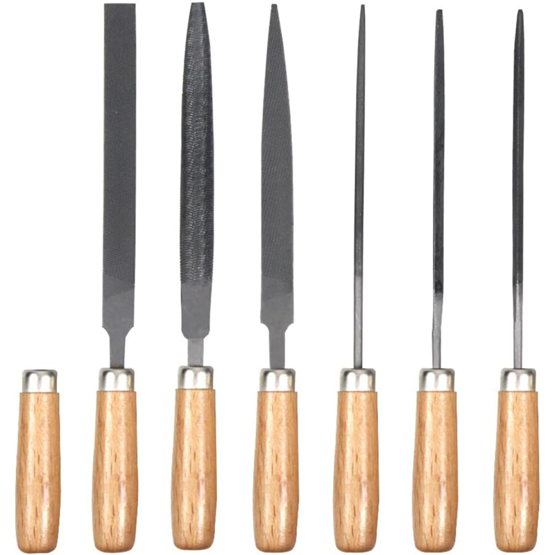 Set pilnika za drvo s drvenom drškom: trokutasti pilnik, mali polukružni pilnik i okrugli pilnik; srednji zubi, dvostruki uzorak; duljina 150 mm
