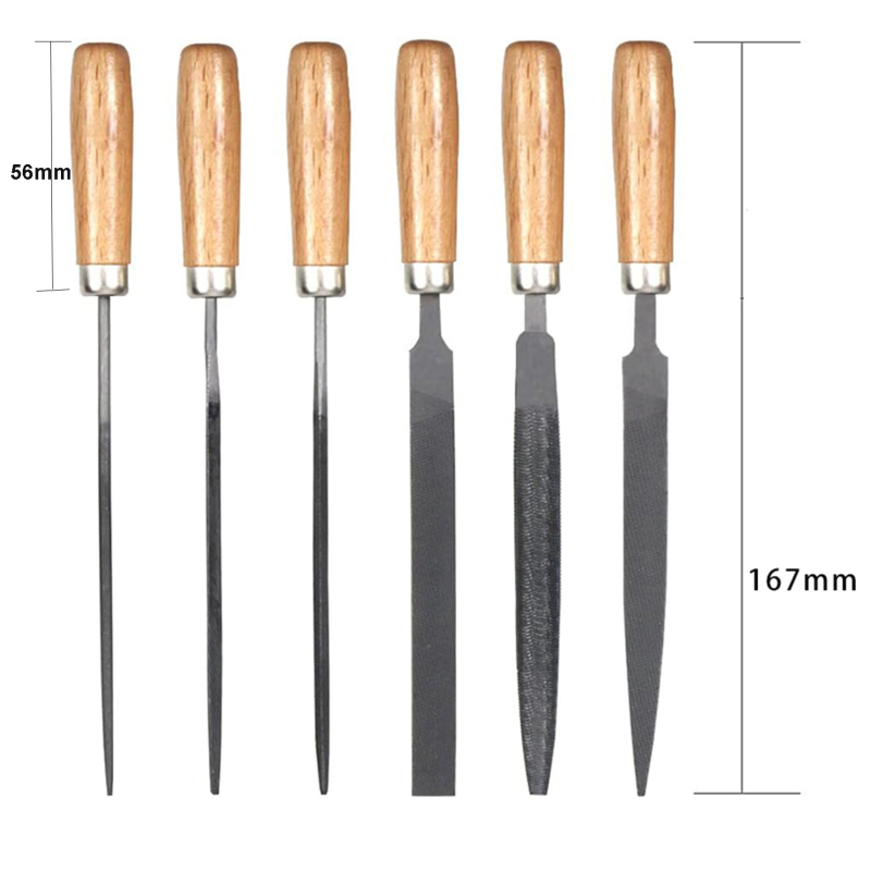 Set pilnika za drvo s drvenom drškom: trokutasti pilnik, mali polukružni pilnik i okrugli pilnik; srednji zubi, dvostruki uzorak; duljina 150 mm