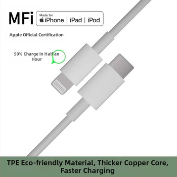 Kábel pre rýchle nabíjanie s certifikáciou MFi s konektormi Lightning a USB-C, PD 27W, dĺžka 1–2 m, biela, TPE