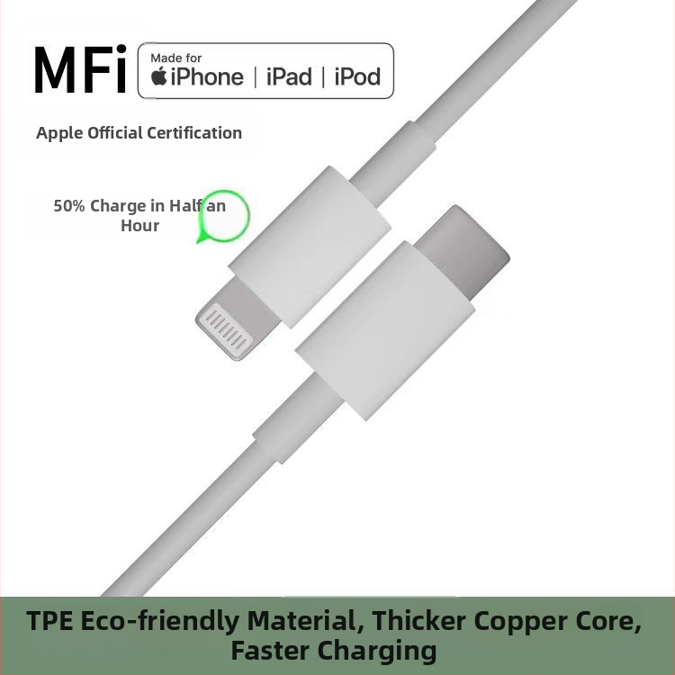 Kábel pre rýchle nabíjanie s certifikáciou MFi s konektormi Lightning a USB-C, PD 27W, dĺžka 1–2 m, biela, TPE