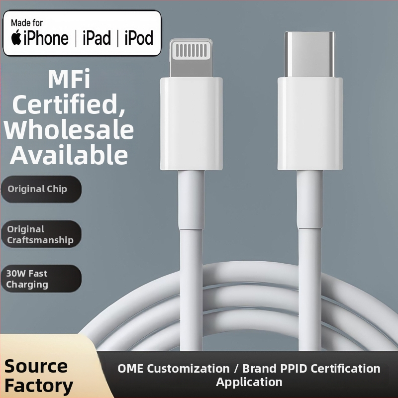 Kábel pre rýchle nabíjanie s certifikáciou MFi s konektormi Lightning a USB-C, PD 27W, dĺžka 1–2 m, biela, TPE