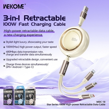 WEKOME Zvijezda 100W teleskopski 3-in-1 kabel za punjenje i prijenos podataka s Lightning, Micro USB i USB-C, duljina 1-2 m, model WDC-18