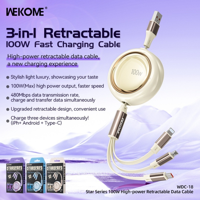 WEKOME Zvijezda 100W teleskopski 3-in-1 kabel za punjenje i prijenos podataka s Lightning, Micro USB i USB-C, duljina 1-2 m, model WDC-18