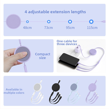 USB-C kabel s tri priključci, silikonska površina, teleskopsko skladištenje, prilagodljiv kabel za punjenje