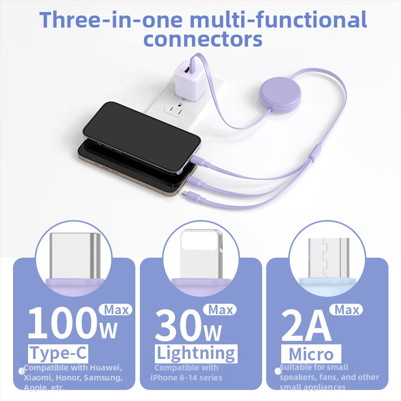 USB-C kabel s tri priključci, silikonska površina, teleskopsko skladištenje, prilagodljiv kabel za punjenje