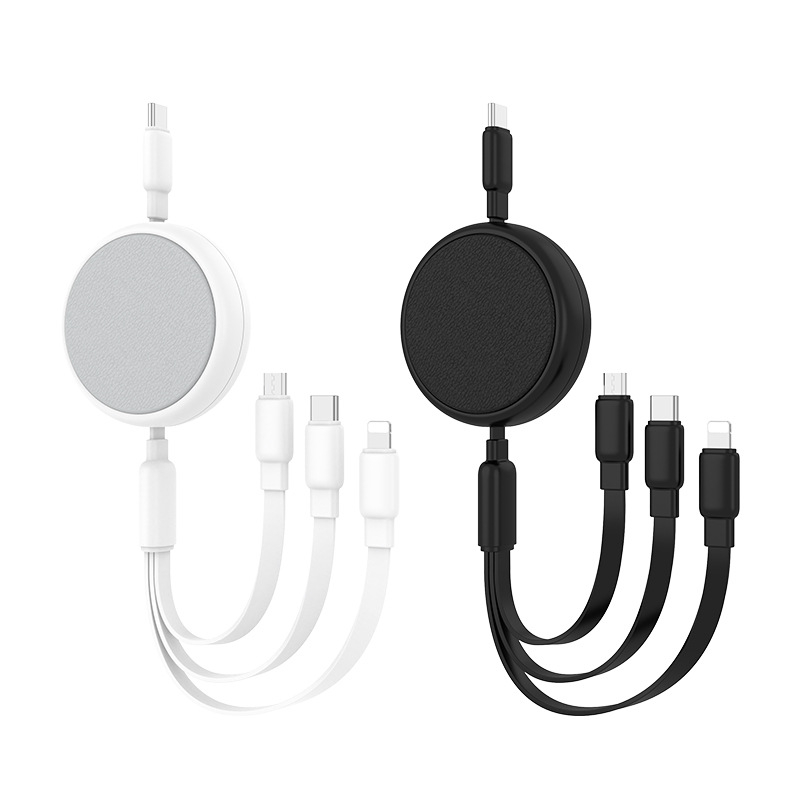 USB-C kabel s tri priključci, silikonska površina, teleskopsko skladištenje, prilagodljiv kabel za punjenje