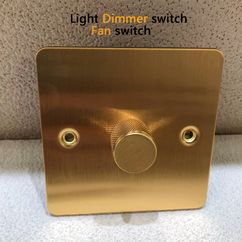 86-dimmer prekidač s tijelom od nehrđajućeg čelika, zlatnim panelom i mesing vijcima, površinski montiran, industrijski modern dom