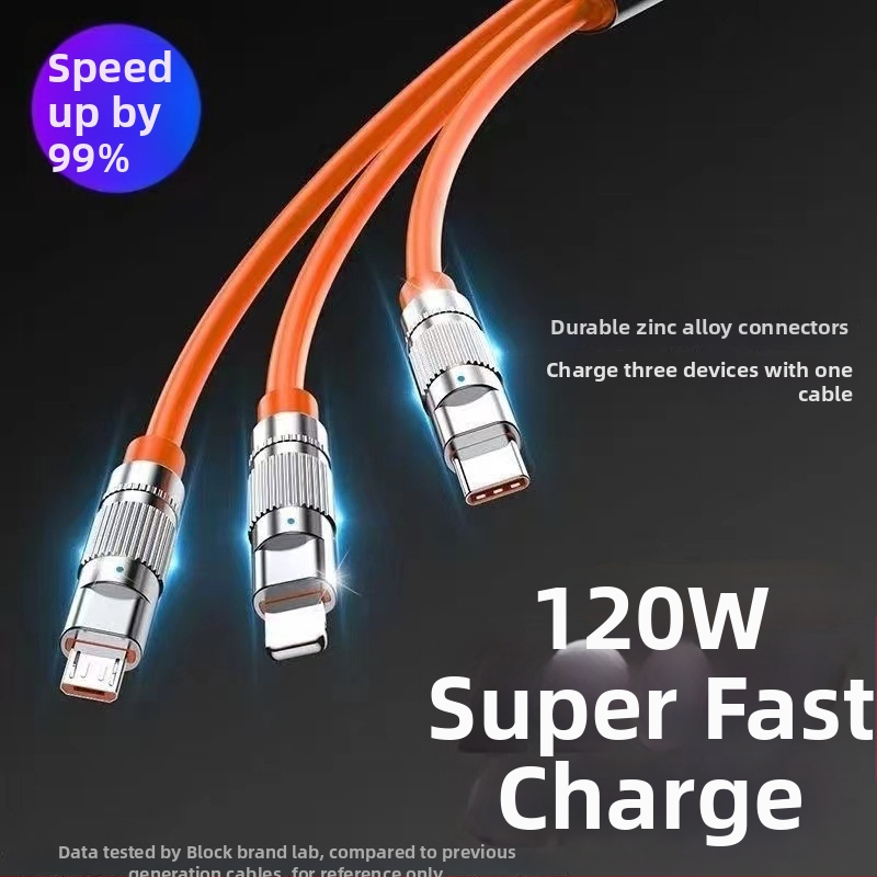 Li Chuang 120W 3-v-1 rýchlonabíjací kábel Type-C, Lightning, Mini USB; dĺžka 1–2 m; zinková zliatina; oranžová; pre Apple a Huawei