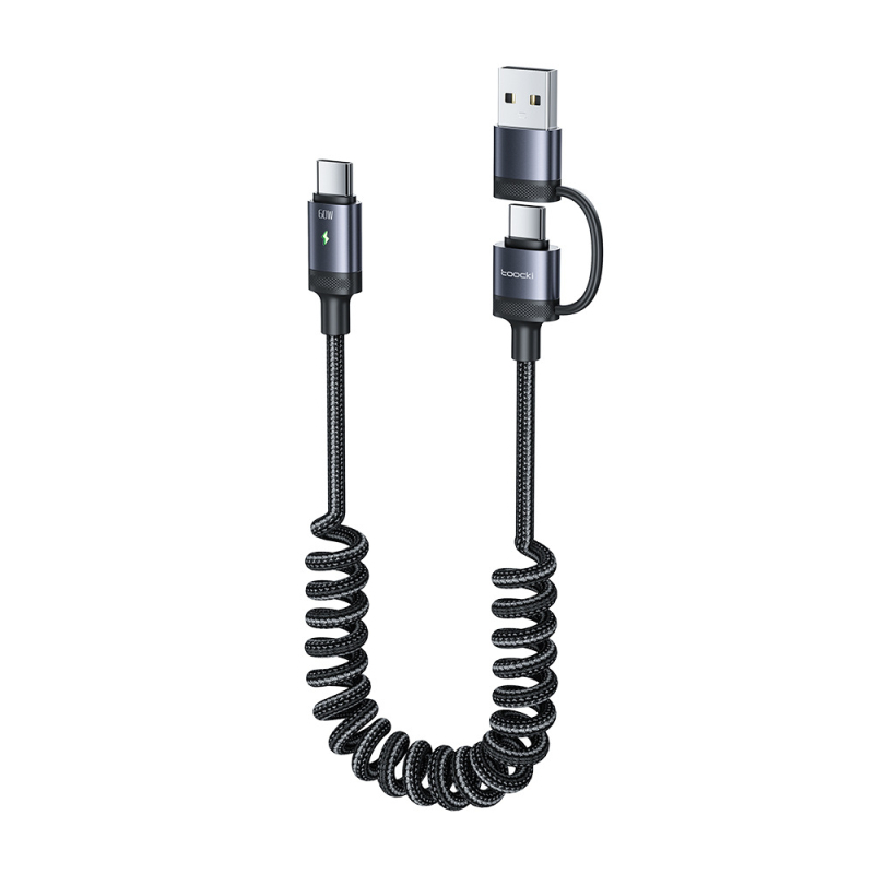 Toocki 2-in-1 PD60W USB-C–USB-C a USB-C–Lightning rýchlonabíjací kábel, kompatibilný s Apple a Huawei, dĺžka 1–2 m, hliníková zliatina a opletený kábel, sivá