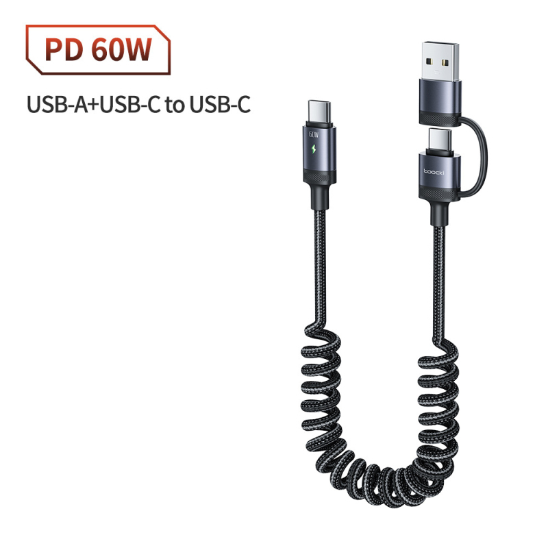 Toocki 2-in-1 PD60W USB-C–USB-C a USB-C–Lightning rýchlonabíjací kábel, kompatibilný s Apple a Huawei, dĺžka 1–2 m, hliníková zliatina a opletený kábel, sivá