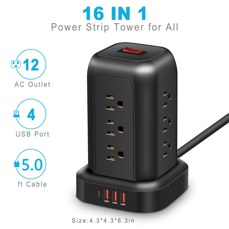 Pametni vertikalni produžni kabel s USB priključcima, 12-u-1