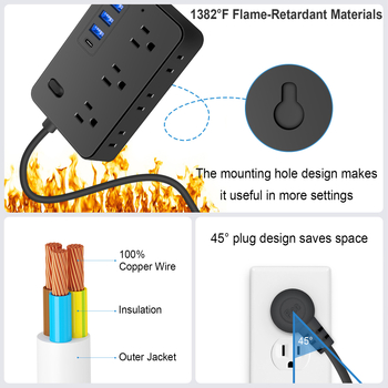 Višepunjski produžni kabel s kabelom, US utičnicom, 10A, 100-250V, ABS kućište