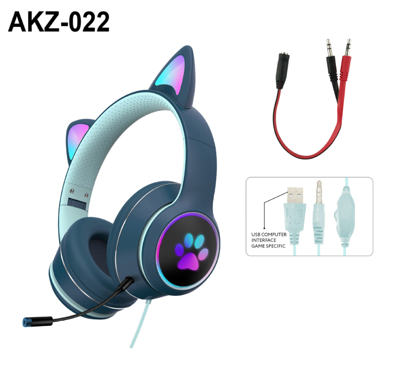 AKZ-022 Žične slušalice za računalo s cat-ear dizajnom, over-ear, sklapanje, s mikrofonom i svjetlima